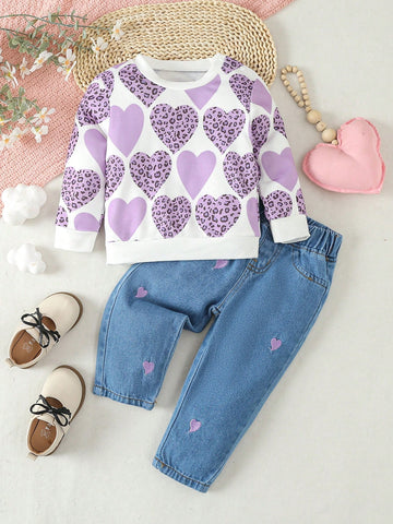 Conjunto De Sudadera Estampada Con Corazón Y Leoparda Y Jeans Para Niña Bebé