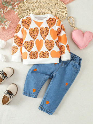 Conjunto De Sudadera Estampada Con Corazón Y Leoparda Y Jeans Para Niña Bebé