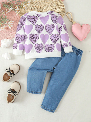 Conjunto De Sudadera Estampada Con Corazón Y Leoparda Y Jeans Para Niña Bebé