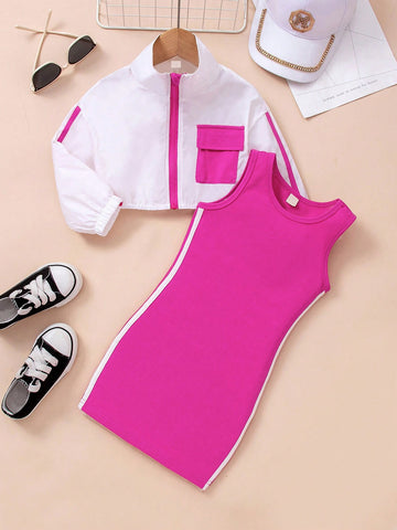 2 Piezas/set Abrigo A Prueba De Viento De Manga Larga Casual Para Niñas Y Vestido Deportivo