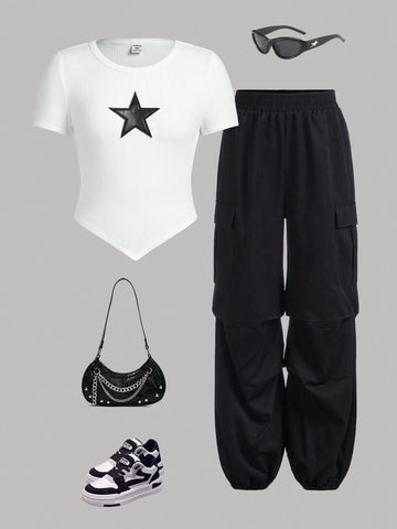 Conjunto De Camiseta De Manga Corta Asimétrica De Punto De Estrella Con Bolsillos Y Pantalón Cargo