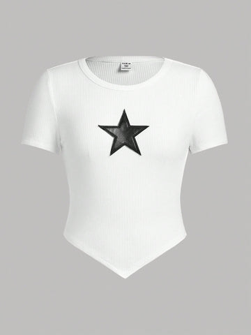 Conjunto De Camiseta De Manga Corta Asimétrica De Punto De Estrella Con Bolsillos Y Pantalón Cargo