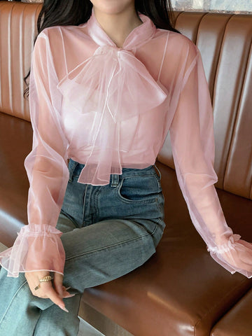 Blusa De Malla Transparente Para Mujer Con Corbata Delantera