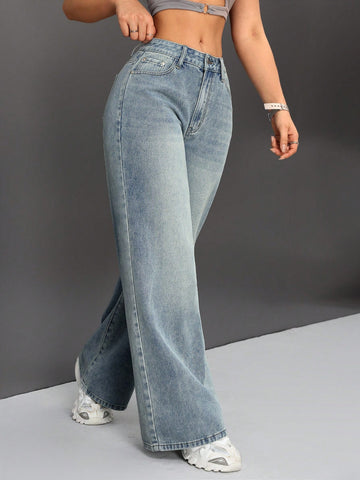 Pantalones De Mezclilla De Pierna Ancha Retro Con Bolsillos Para Mujer