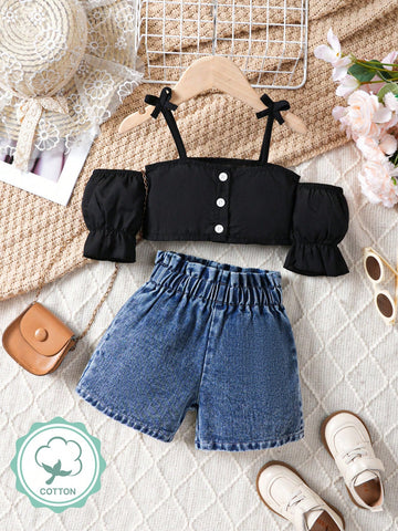 Conjunto De Shorts Casuales De Mezclilla Y Top De Hombros Descubiertos Para Niñas, Moda Callejera