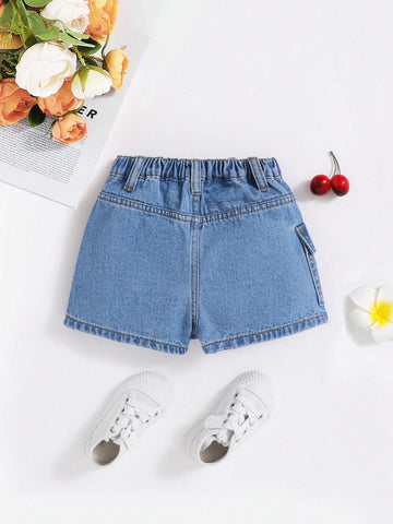 Skort De Mezclilla Lavado Con Varios Bolsillos Para Niña, Informal Y De Moda