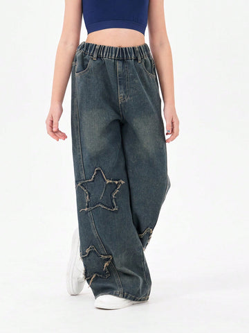 Pantalones Vaqueros Con Apliques De Estrellas De Cinco Puntas, Rectos De Pierna Ancha