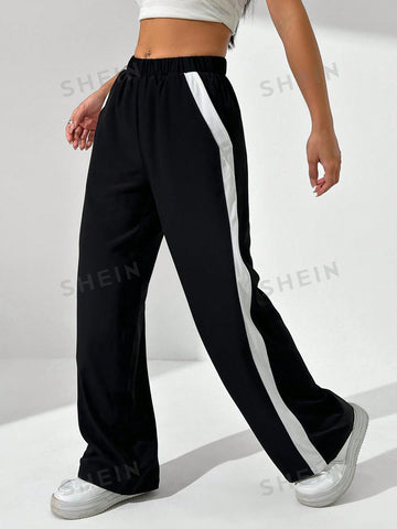 Pantalones Jogger Informales Con Bloques De Color En Contraste Lateral Para Mujer