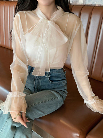 Blusa De Malla Transparente Para Mujer Con Corbata Delantera