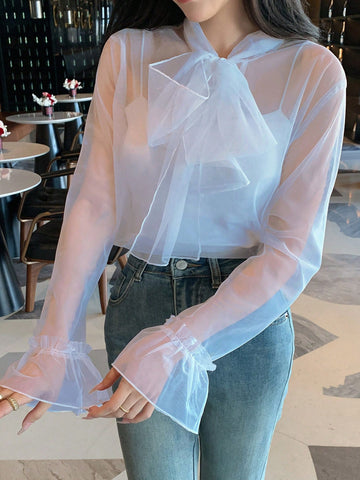 Blusa De Malla Transparente Para Mujer Con Corbata Delantera