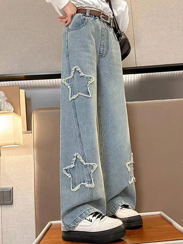 Pantalones Vaqueros Con Apliques De Estrellas De Cinco Puntas, Rectos De Pierna Ancha