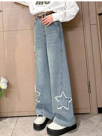 Pantalones Vaqueros Con Apliques De Estrellas De Cinco Puntas, Rectos De Pierna Ancha