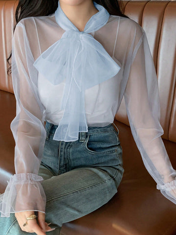 Blusa De Malla Transparente Para Mujer Con Corbata Delantera