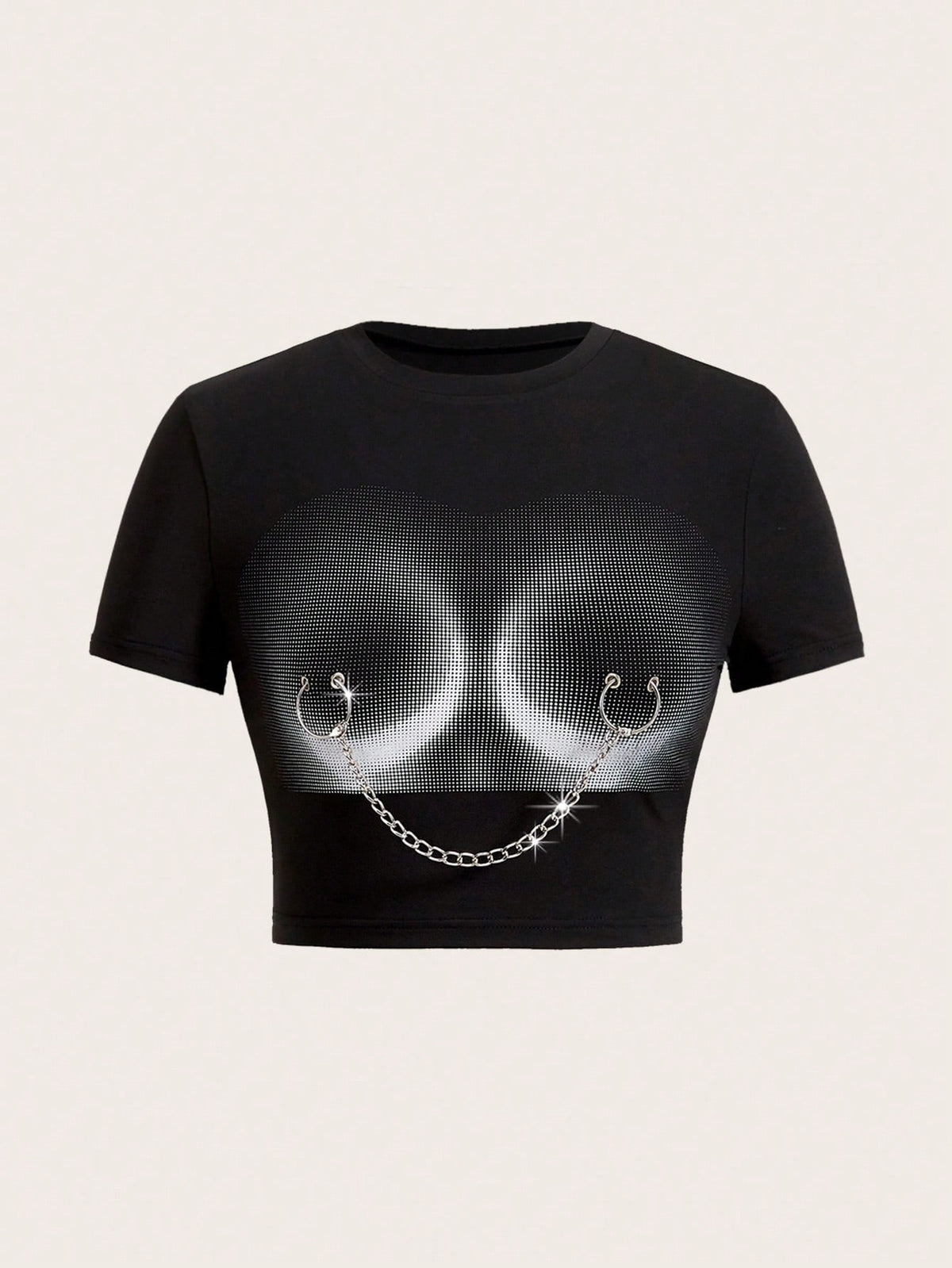 Camiseta Ceñida Para Mujer Con Impresión En El Torso Y Decoración De Cadena Metálica