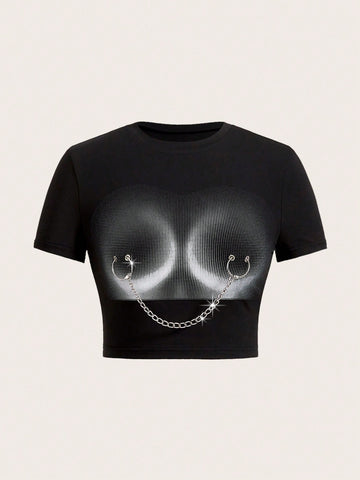 Camiseta Ceñida Para Mujer Con Impresión En El Torso Y Decoración De Cadena Metálica