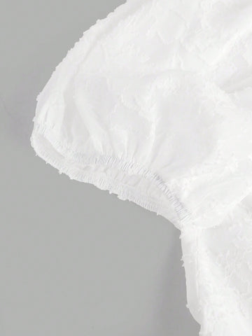 Vestido Tejido De Jacquard Blanco Con Pliegues En El Busto, Mangas Abullonadas Y Cintura Asimétrica Para Chicas Adolescentes