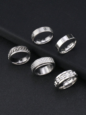 5 Piezas/set Anillos Masculinos Decorativos Elegante Con Letras Romanas Y Diseño De Plumas En Acero Inoxidable