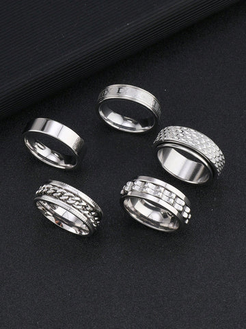 5 Piezas/set Anillos Masculinos Decorativos Elegante Con Letras Romanas Y Diseño De Plumas En Acero Inoxidable