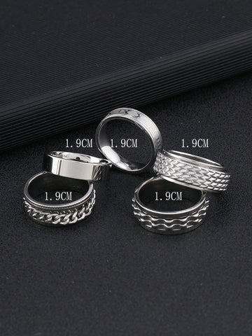 5 Piezas/set Anillos Masculinos Decorativos Elegante Con Letras Romanas Y Diseño De Plumas En Acero Inoxidable