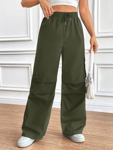 Pantalones Largos Casuales De La Cintura De Cordón De Las Mujeres Con Bolsillo De Utilidad