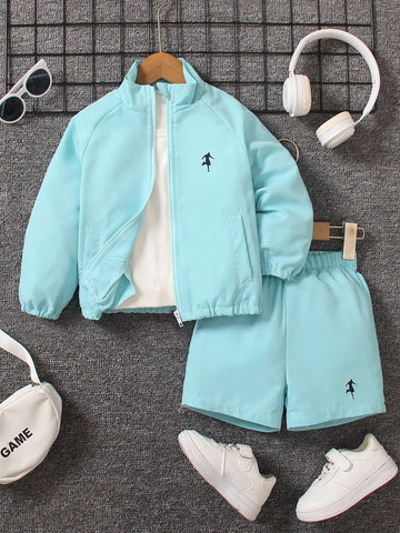 2 Piezas/set De Traje De Verano Deportivo Casual Para Niños Con Chaqueta Bordada Y Pantalones Cortos Con Cremallera