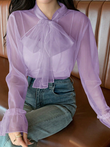 Blusa De Malla Transparente Para Mujer Con Corbata Delantera