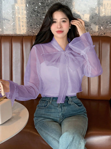 Blusa De Malla Transparente Para Mujer Con Corbata Delantera