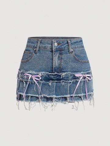 Shorts De Mezclilla De Talle Alto Para Mujer Con Fondo Grueso, Decoración De Lazo Y Dobladillo De Borlas