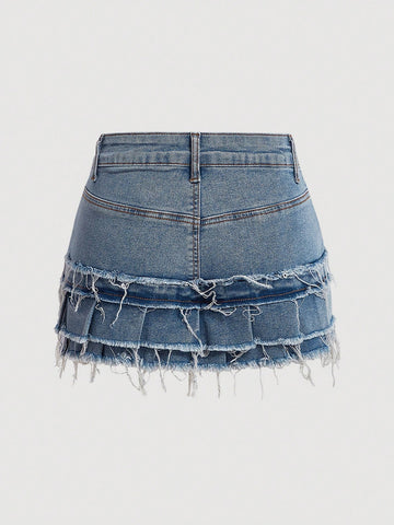 Shorts De Mezclilla De Talle Alto Para Mujer Con Fondo Grueso, Decoración De Lazo Y Dobladillo De Borlas