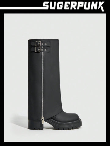 Botas negras para mujer elegantes con cremallera y suela gruesa