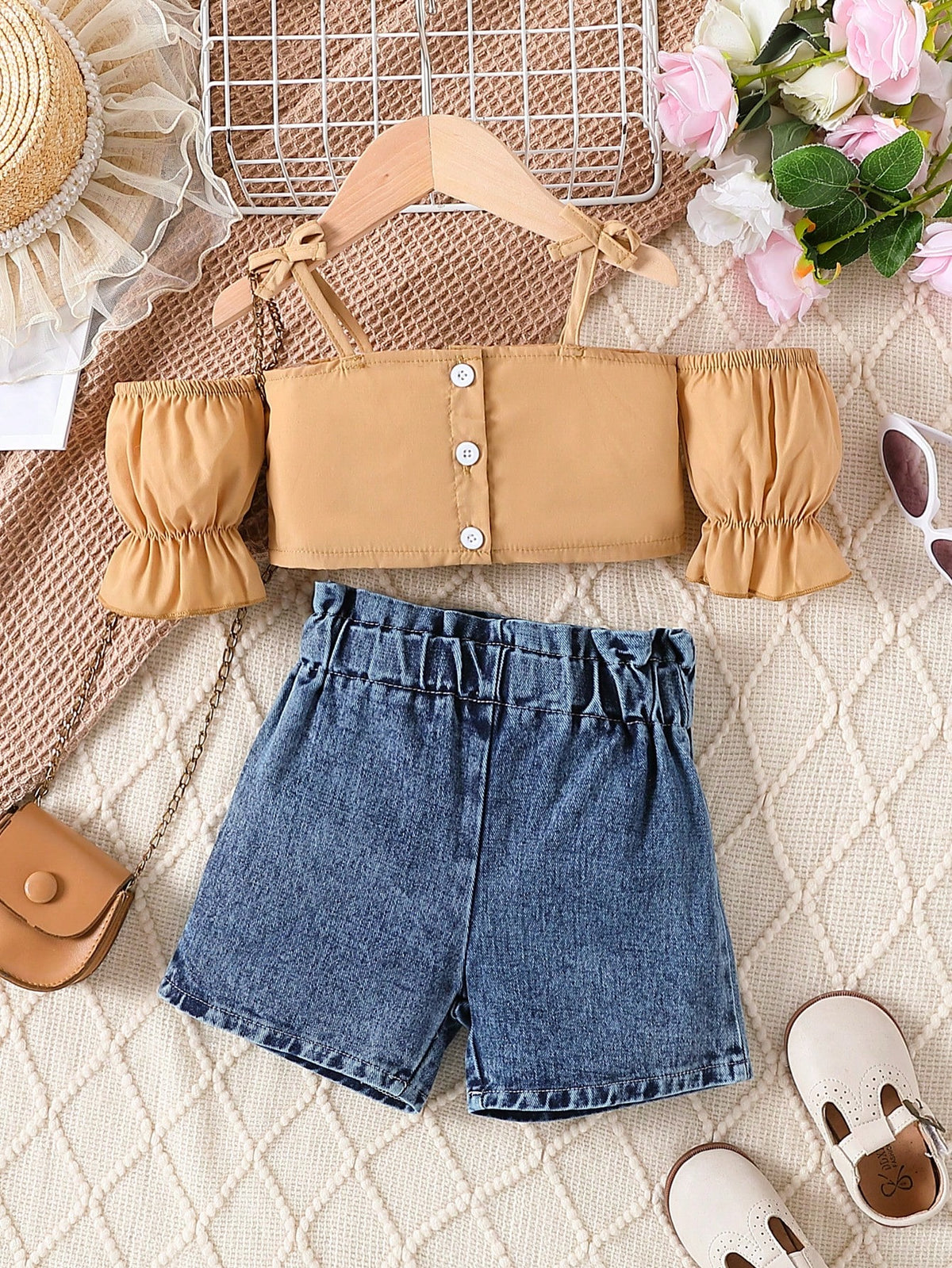 Conjunto De Shorts Casuales De Mezclilla Y Top De Hombros Descubiertos Para Niñas, Moda Callejera