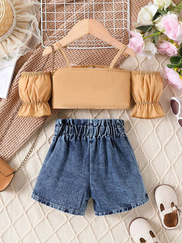 Conjunto De Shorts Casuales De Mezclilla Y Top De Hombros Descubiertos Para Niñas, Moda Callejera