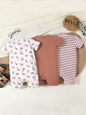 Conjunto De 3 Mamelucos Estampados Y Rayados Casuales De Moda Para Bebés Recién Nacidos Para Primavera Y Verano