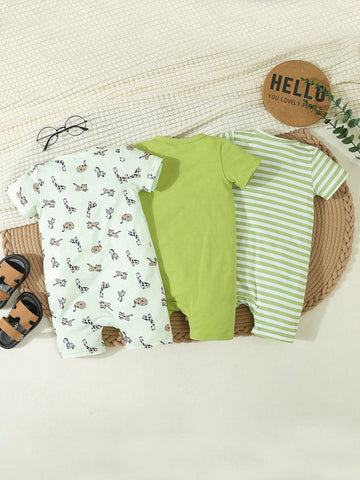 Conjunto De 3 Mamelucos Estampados Y Rayados Casuales De Moda Para Bebés Recién Nacidos Para Primavera Y Verano