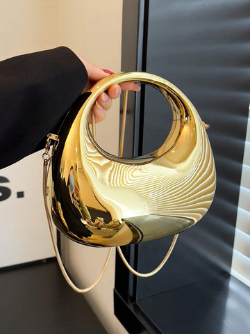 Bolso de mano acrílico con forma de luna con superficie brillante, cadena de metal