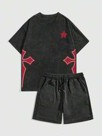 Conjunto de camiseta de manga corta y pantalones cortos con estampado minimalista y cuello redondo