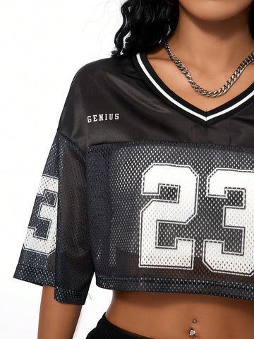 Camiseta deportiva de manga corta para mujer con estilo callejero de primavera/verano 2024 con número de carrera impreso