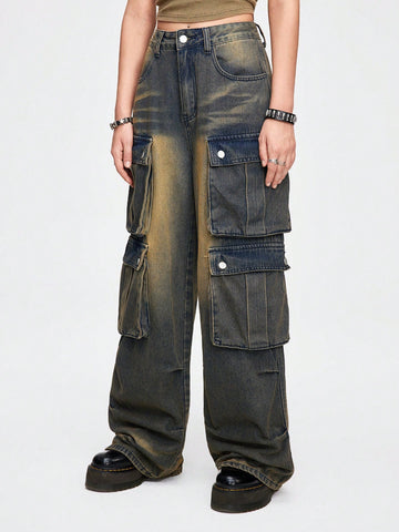 Jeans cargo informales Y2K holgados con bolsillos