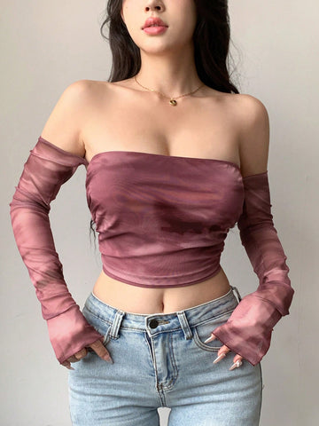 Top de mujer de manga larga, hombros descubiertos, escote en espalda, mangas abultadas y estilo tie-dye de malla transparente