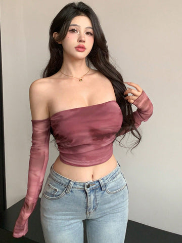Top de mujer de manga larga, hombros descubiertos, escote en espalda, mangas abultadas y estilo tie-dye de malla transparente