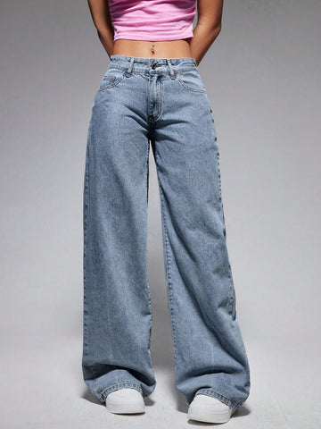 Jeans de pierna ancha casuales para mujer con bolsillo oblicuo para uso diario