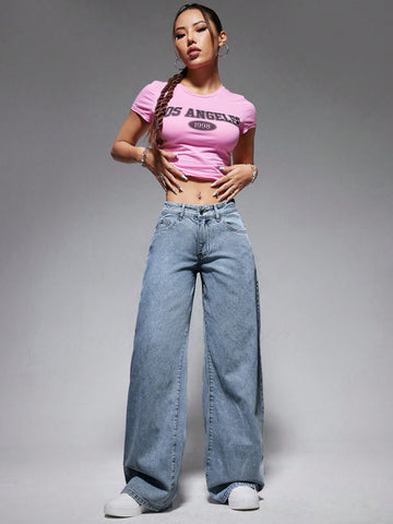 Jeans de pierna ancha casuales para mujer con bolsillo oblicuo para uso diario