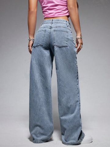 Jeans de pierna ancha casuales para mujer con bolsillo oblicuo para uso diario