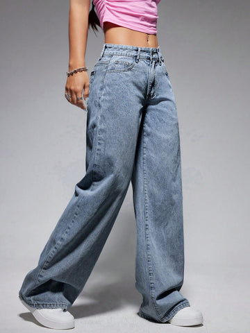 Jeans de pierna ancha casuales para mujer con bolsillo oblicuo para uso diario
