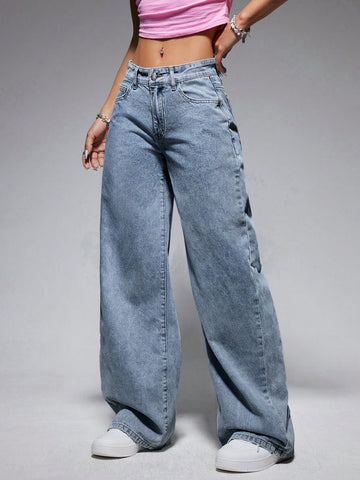 Jeans de pierna ancha casuales para mujer con bolsillo oblicuo para uso diario
