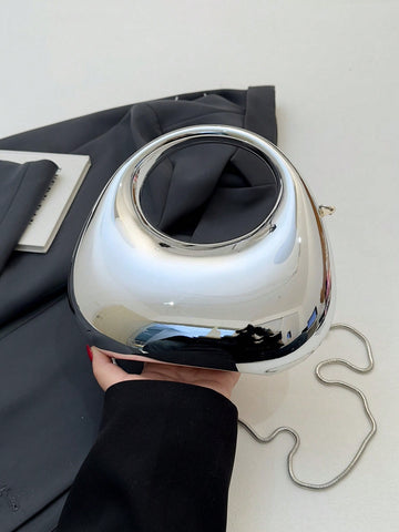 Bolso de mano acrílico con forma de luna con superficie brillante, cadena de metal