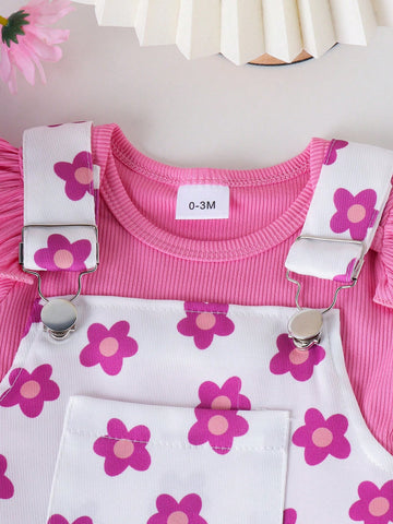 Conjunto de 2 piezas de lindo mameluco de manga corta  y falda para el verano con estampado impreso