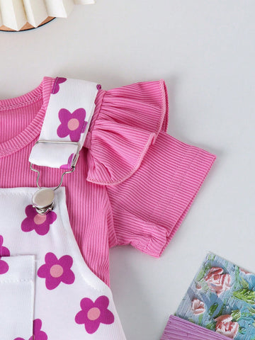 Conjunto de 2 piezas de lindo mameluco de manga corta  y falda para el verano con estampado impreso