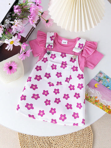 Conjunto de 2 piezas de lindo mameluco de manga corta  y falda para el verano con estampado impreso