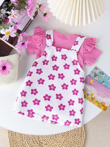 Conjunto de 2 piezas de lindo mameluco de manga corta  y falda para el verano con estampado impreso